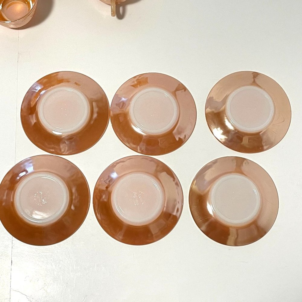 Vintage Fire King Peach Lustre Laurel Leaf Iridescent Cups and Saucers Set of 5 - Picture 5 of 16